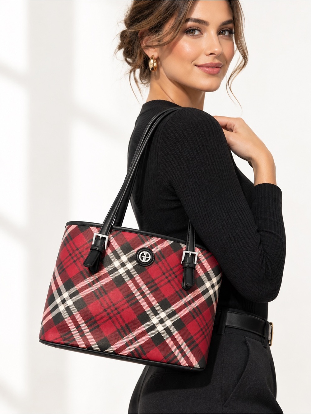 Giani Bernini Red Black Saffiano Plaid Tote Shoulder Bag